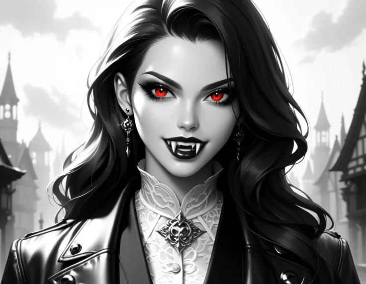 score_9, score_8_up, score_7_up,goth black and white anime art, (black and white art: 1.5) mostly black and white, a picture of a beautiful female vampire, best detailed face, black hair, long hair hair, red eyes, wearing trench coat, wearing a skirt, wear...