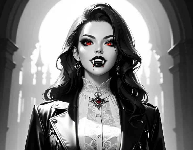 score_9, score_8_up, score_7_up,goth black and white anime art, (black and white art: 1.5) mostly black and white, a picture of a beautiful female vampire, best detailed face, black hair, long hair hair, red eyes, wearing trench coat, wearing a skirt, wear...