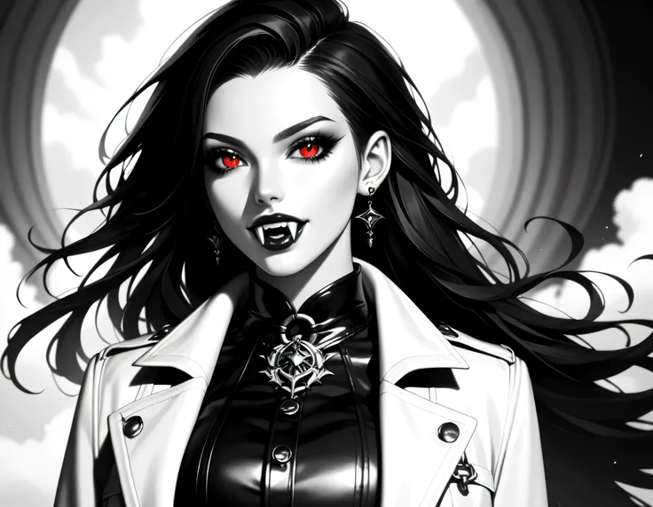 score_9, score_8_up, score_7_up,goth black and white anime art, (black and white art: 1.5) mostly black and white, a picture of a beautiful female vampire, best detailed face, black hair, long hair hair, red eyes, wearing trench coat, wearing a skirt, wear...