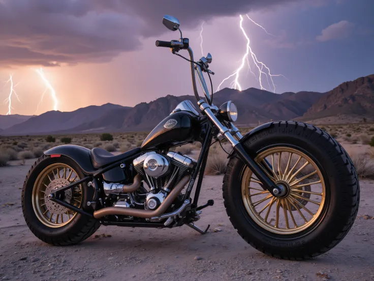 Create a photorealistic image of a custom lowrider, chopper, motorcycle. The bike has a monstrous rear tire mounted on Custom brass rims. The motorcycle is a brilliantly black and chrome showcase design. The design is extreme, spectacular and powerful. Th...