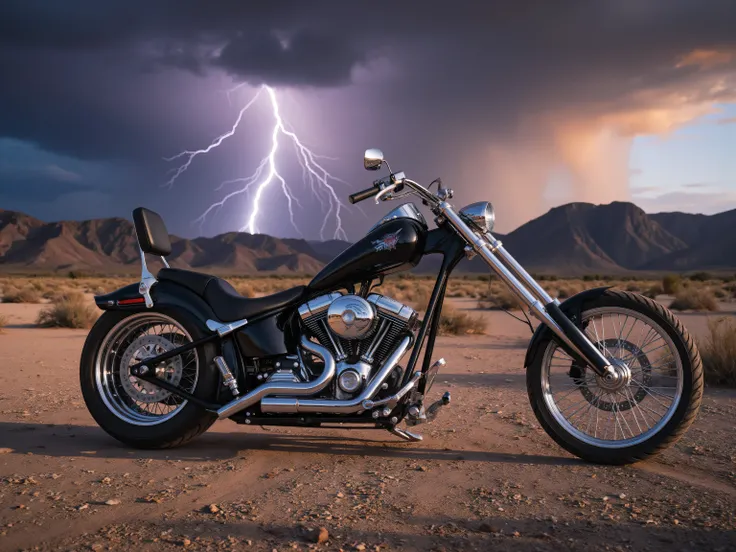 Create a photorealistic image of a custom lowrider, chopper, motorcycle. The bike has a monstrous rear tire mounted on Custom brass rims. The motorcycle is a brilliantly black and chrome showcase design. The design is extreme, spectacular and powerful. Th...
