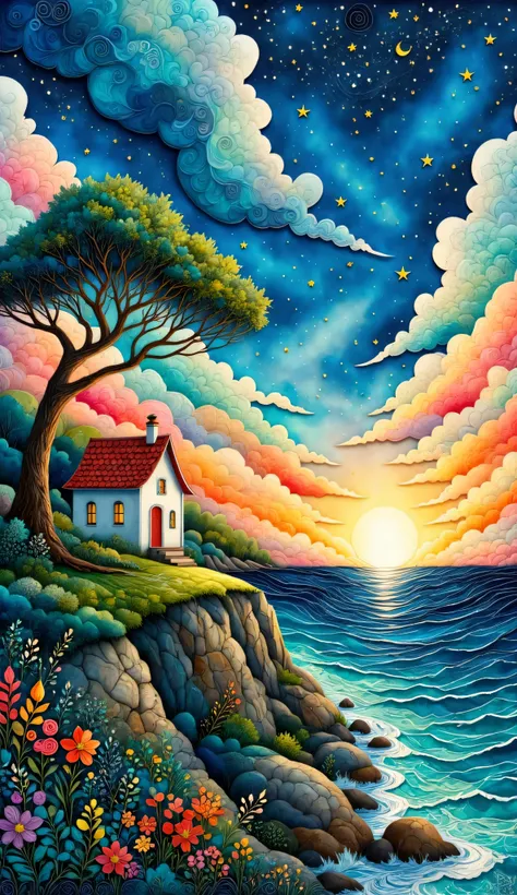 Create a 4K phone wallpaper of a vibrant and idyllic landscape scene at sunset. Depict a small, charming white house with a red roof nestled beside a gnarled tree on a lush green cliffside overlooking a turquoise ocean. The sky should be a dramatic display...
