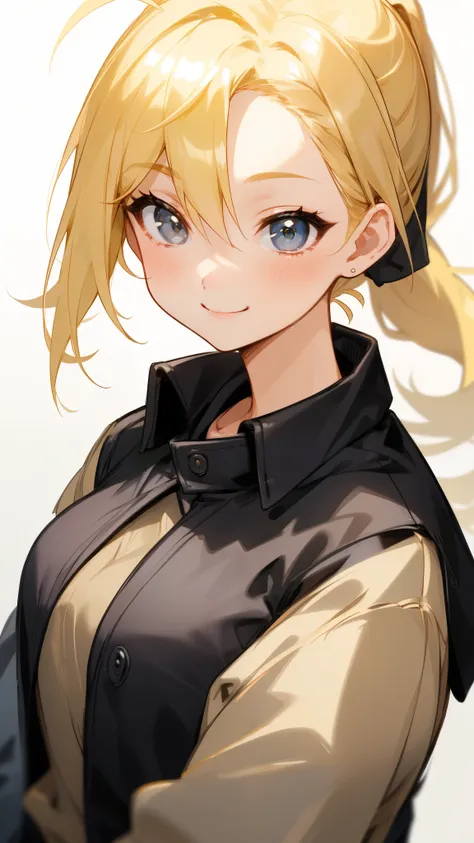 1 girl、Shiny Blonde、stupid hair、ponytail、black shirt、black jacket、smile、upper body closeup、