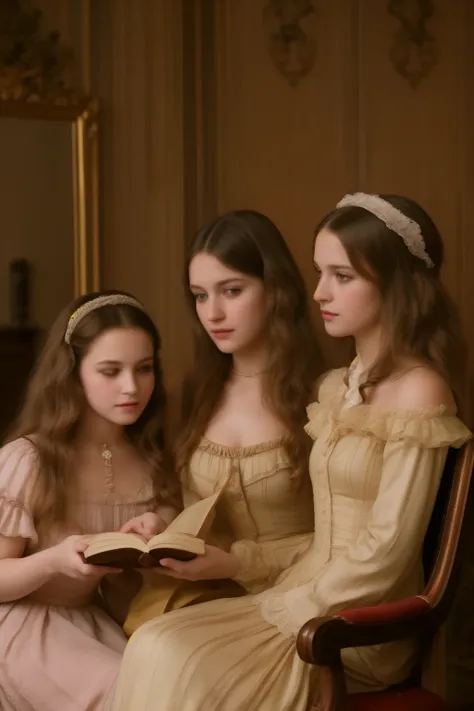 A warm, golden light illuminates a cozy parlour setting in the Victorian era. Three normal young girls, dressed in frilly, high-necked gowns and puffed sleeves, sit together on a plush armchair. The eldest, with curly brown locks, holds a worn leather-boun...