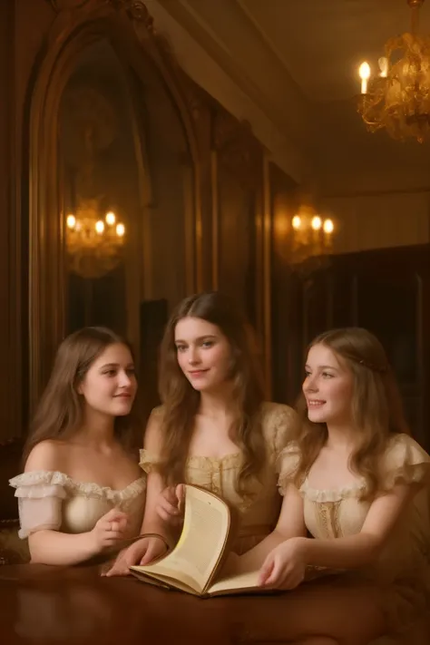 A warm, golden light illuminates a cozy parlour setting in the Victorian era. Three normal young girls, dressed in frilly, high-necked gowns and puffed sleeves, sit together on a plush armchair. The eldest, with curly brown locks, holds a worn leather-boun...