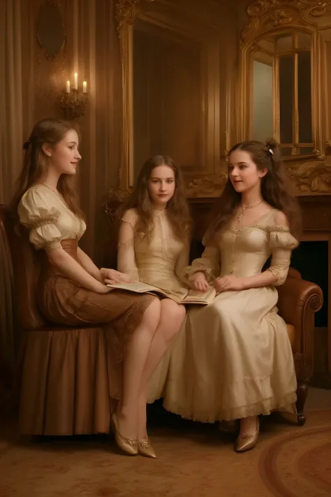 A warm, golden light illuminates a cozy parlour setting in the Victorian era. Three normal young girls, dressed in frilly, high-necked gowns and puffed sleeves, sit together on a plush armchair. The eldest, with curly brown locks, holds a worn leather-boun...