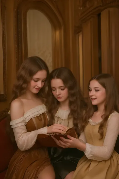 A warm, golden light illuminates a cozy parlour setting in the Victorian era. Three normal young girls, dressed in frilly, high-necked gowns and puffed sleeves, sit together on a plush armchair. The eldest, with curly brown locks, holds a worn leather-boun...