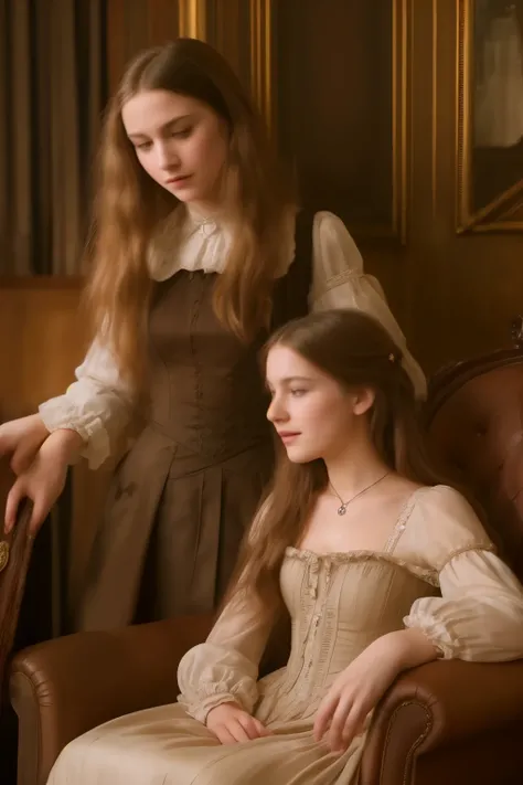 A warm, golden light illuminates a cozy parlour setting in the Victorian era. Three normal young girls, dressed in frilly, high-necked gowns and puffed sleeves, sit together on a plush armchair. The eldest, with curly brown locks, holds a worn leather-boun...