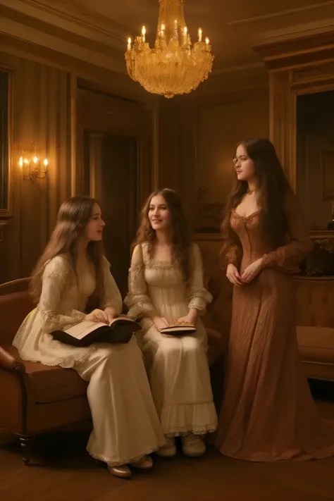 A warm, golden light illuminates a cozy parlour setting in the Victorian era. Three normal young girls, dressed in frilly, high-necked gowns and puffed sleeves, sit together on a plush armchair. The eldest, with curly brown locks, holds a worn leather-boun...