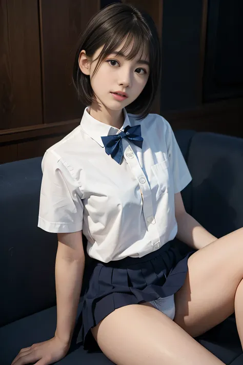 very well detailed CG Unity 8k wallpaper、Top Quality、very well detailed、masterpiece、reality、reality、very well detailedなかわいい女の子、18 years old、(Japanese in uniform)、((White short sleeve buttoned shirt:1.4))、((taken from the front:1.4))、(( Dark Blue Bowties :1...