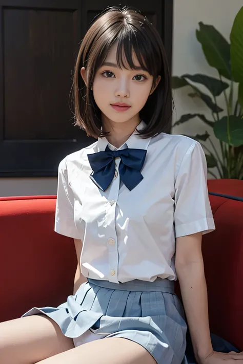 very well detailed CG Unity 8k wallpaper、Top Quality、very well detailed、masterpiece、reality、reality、very well detailedなかわいい女の子、18 years old、(Japanese in uniform)、((White short sleeve buttoned shirt:1.4))、((taken from the front:1.4))、(( Dark Blue Bowties :1...