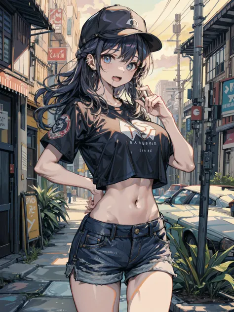 ideal ratio body proportions, perfect anatomy, correct body, earring, huge breasts, narrow waist, short hair, black hair, wavy hair, hair behind ear, half updo, looking at viewer, eye rolling, drooling, saliva, open mouth, cowboy shot, outdoor, baseball ca...