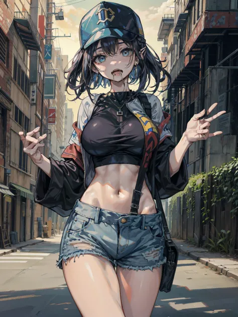 ideal ratio body proportions, perfect anatomy, correct body, earring, large breasts, narrow waist, short hair, black hair, wavy hair, hair behind ear, half updo, looking at viewer, eye rolling, drooling, saliva, open mouth, cowboy shot, outdoor, baseball c...