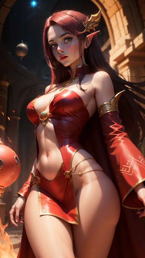 young wizard, beautiful, sexy in a red outfit, tunic that leaves the abdomen exposed, with an energy sphere in her right hand with bare legs, pronounced buttocks, delicate appearance 
