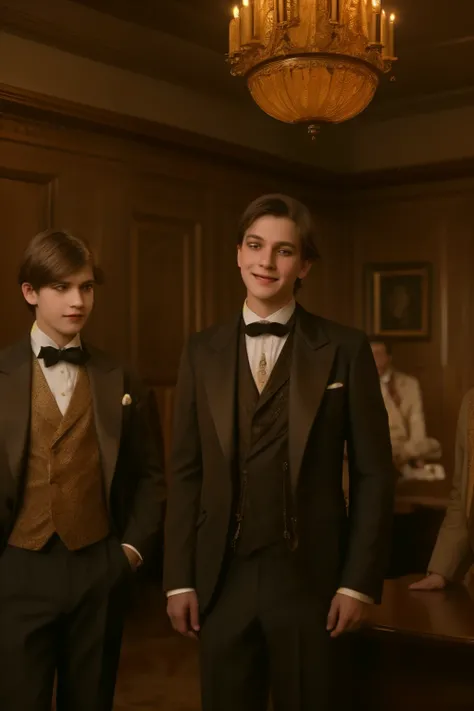 A warm golden light illuminates a cozy Victorian living room. Three ordinary boys, dressed in elegant suits with high collars, stand near a desk. The backdrop is a rich dark wood paneling, adorned with ornate mirrors and intricately carved furniture. Soft,...
