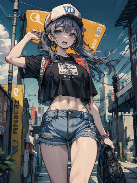 ideal ratio body proportions, perfect anatomy, correct body, earring, huge breasts, narrow waist, short hair, black hair, wavy hair, hair behind ear, half updo, looking at viewer, eye rolling, drooling, saliva, open mouth, cowboy shot, outdoor, baseball ca...