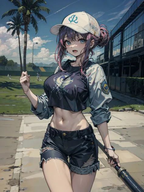 ideal ratio body proportions, perfect anatomy, correct body, earring, large breasts, narrow waist, short hair, black hair, wavy hair, hair behind ear, half updo, looking at viewer, eye rolling, drooling, saliva, open mouth, cowboy shot, outdoor, baseball c...