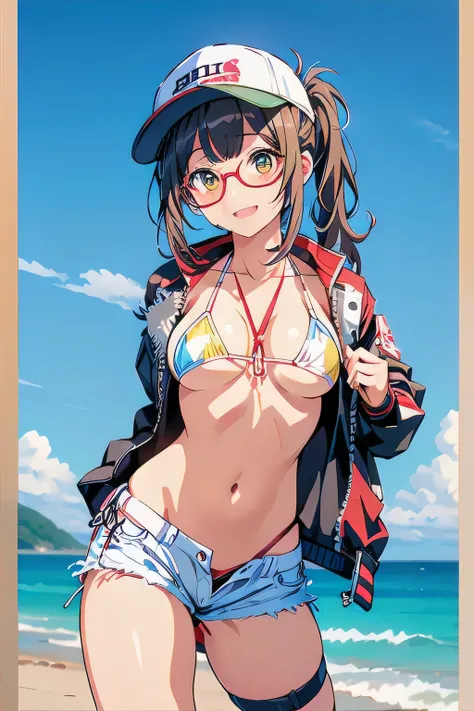 houshouBikini, heterochromia, red eyes, yellow eyes, ponytail, long hair, jewelry, baseball cap, sunglasses, eyewear on headwear, black jacket, open jacket, white shorts, short shorts, red bikini, string bikini, o-ring thigh strap, sorriso sexy, peitos med...