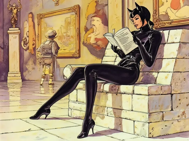 Retro comic panel-style illustration of Catwoman seated gracefully on a marble bench in an opulent Gotham art gallery, deeply absorbed in a poetry book. Her posture is relaxed yet attentive, her gloved fingers delicately turning a page as her eyes scan the...