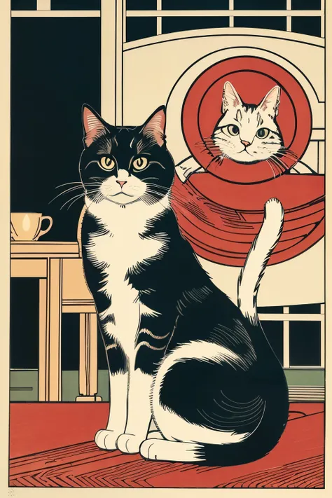 There is a cat sitting on the table,  Woodcut by -e , The cat is drinking tea ,  by Utagawa Kunimasa , Watanabe Shozaburo ,  let's take a peek at the viewer , Vector art inspired by Ukiyo-e and Studio Gillbi style, by Tōshi Yoshida,  Ukiyo-e Style