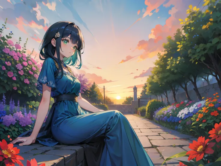 chica, beautiful detailed green eyes, surprised expression, blue dress with lots of details, long, smooth dark blue hair, Sitting pose in a garden, Background a garden full of flowers and a sunset, perspectiva baja un poco de perfil.