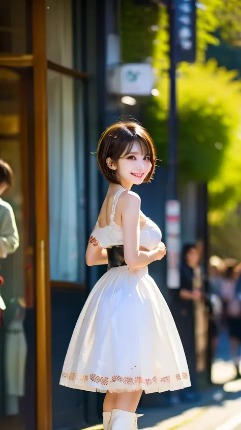 ((high quality、high image quality、masterpiece、8k))、professional lighting、((standing with legs shoulder-width apart))、 1 Japanese woman 、cosplayer、20 years old、looking at the camera、((pixie cut hair))、short cut hair、pretty face in pink and white、big smiles、...