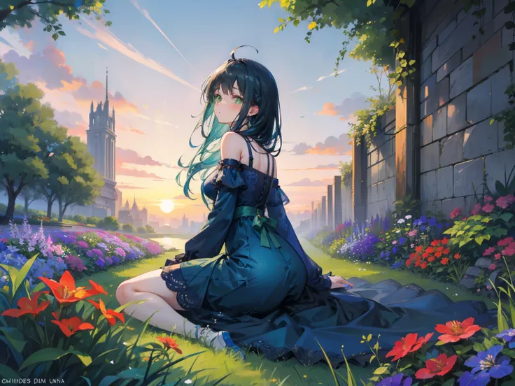 chica, beautiful detailed green eyes, surprised expression, blue dress with lots of details, long, smooth dark blue hair, Sitting pose in a garden, Background a garden full of flowers and a sunset, perspectiva baja un poco de perfil.