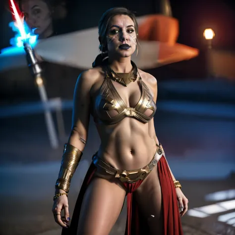 Full length shot, fit, slender centrefold model MerrinJS, MerrinJFO, Skimpy outfit with lots of skin showing, almost naked, intricate clothing, perfect skin, sexy, sexual, volumetric lighting, 8k, high resolution photo, ((Star Wars setting)), bare midriff,...