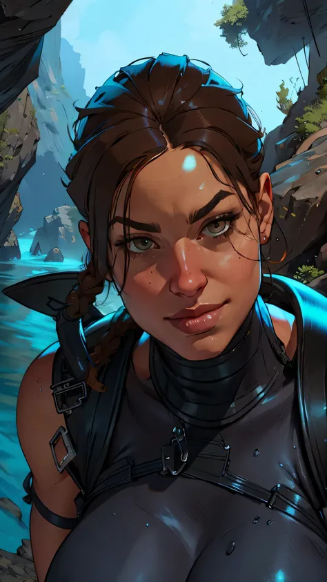 a beautiful Lara Croft, (scuba dive),  slim body ,detailed portrait, Photorealistic, 8k ,  HDR , physically based rendering, sharp focus , vivid colors, intricate facial features, brown hair,  confident expression ,  detailed environment , elaborate enviro...