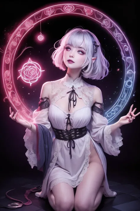 (Ultra-detailed face, Looking away, Gothic Illustration, Dark tone colors. She has five fingers on her hands and five toes on her feet.), BREAK 
(A young female dark elf summoner is holding out her hands and casting a summoning spell as she faces a magic c...