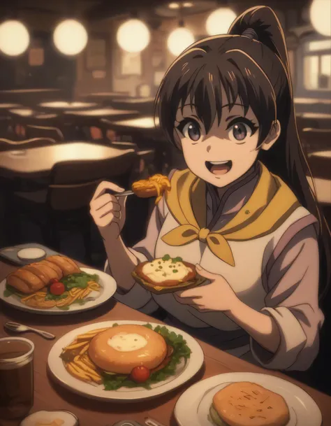 score_9, score_8_up, score_7_up, ((gsfghtr)), multicolored robe, neckerchief, 1girl, bright, best lighting, midday, smile, open mouth, bright lighting, eating, restaurant