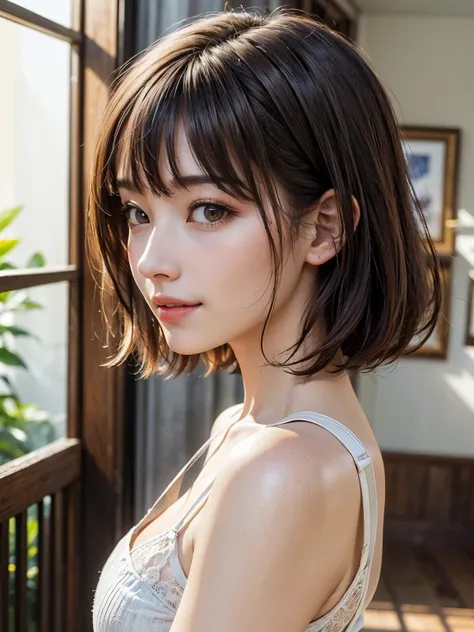 ((masterpiece、top quality、best image quality、 female 1、draw everything beautifully in high definition、 golden ratio beauty 、 beautiful symmetrical face 、Perfect Anatomy、very cute beautiful smile))、short bob hair、Eyelashes、detailed eyes、Beautiful long neck、...