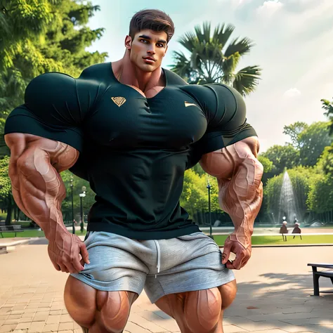 a very handsome man, muscular, wearing gym shorts, tan line, standing outdoor in park, High Resolution, Masterpiece, Best Quality, High Details, HD, High Quality, Super Detailed, UHD, no blur, no distortion, Shirtless, hyper muscles,