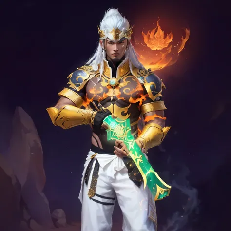 a close up of a person with a sword and a fire, fujin, male djinn man demon hybrid, as a character in tekken, djinn man male demon, hybrid from dynasty warriror, desert fighter ancient mage, inspired by Huang Shen, djinn human hybrid, smart tai warlord, in...