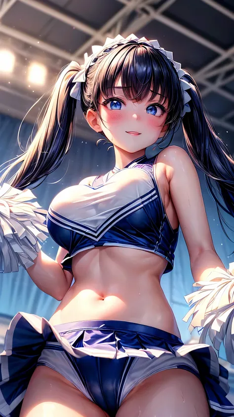 masterpiece、top quality、Super Detail、1 girl、 beautifully detailed dark blue eyes 、(white cheerleader costume:1.6)、( has a bright smile:1.2)、(from below:2)、(blush:1.2)、(dark blue hair:1.3)、( twin tails :1.2)、(Big Breasts:1.6)、(small nipples are see-through ...