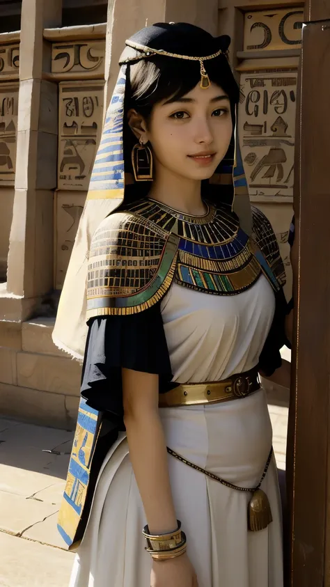 365 (20 year old woman and 20 year old man),(short hair), (high quality photos), (gentle smile), (colorful ancient egyptian costumes), (Rembrandt painting),(Hieroglyphs、Ancient Egyptian)