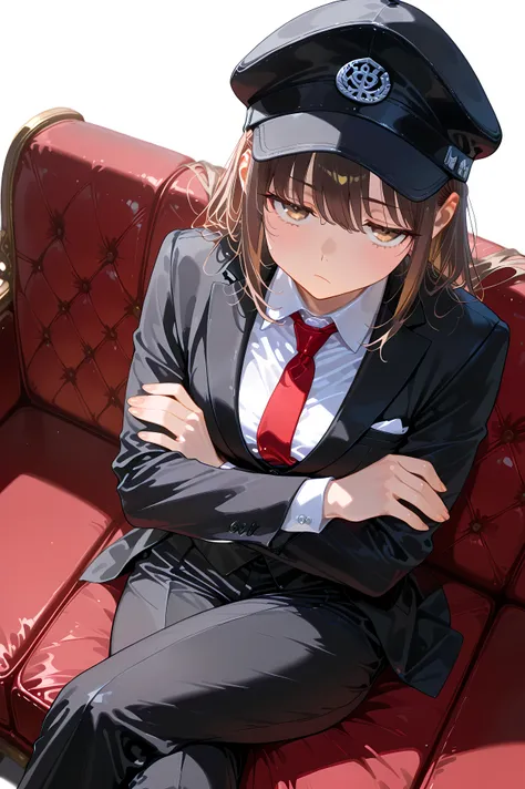 1girl ,solo ,(cap:1.3) ,(black cap :1.3) ,UHD, masterpiece, best quality ,super detail, high details, highres, 8k ,break White shirt ,red tie ,Tuxedo, black tuxedo ,brown hair ,brown eyes ,midiam hair ,break casino ,sitting ,sofa ,high angle view ,looking ...