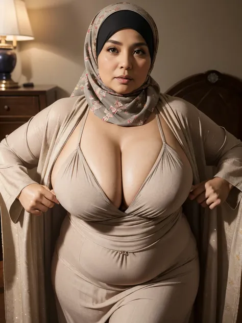 (Realistic) ((Hijab)) (real mature face) 68 Years old fat Brunei mature woman, sexy curvy, (sexy chubby body shape), Big  : 34.9, Gamis, (Breast about To burst out from her clothes, wide cleavage), professional photography with excellent lighting