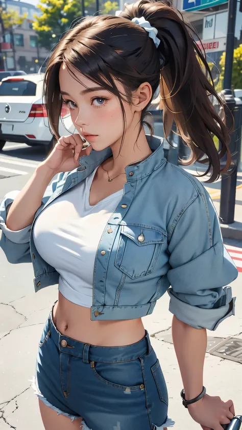 photo realistic, ,1 girl, ponytail, brown hair, popped collar denim jacket,  ,popped collar,  shorts pants, aroused, full body shot, see-through,tight, huge breasts, midriff peek, fellatio, cum