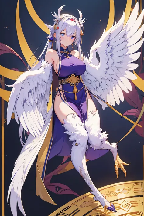 4K,High Resolution, one woman,Harpy,White purple hair,long ponytail, blue eyes,White Wings,Golden toenails,huge boobs,Ancient Chinese Princess,purple Chinese dress,sleeveless,Horizontal milk,ancient Chinese tiara ,Jewelry decoration,Ancient Chinese Royal F...