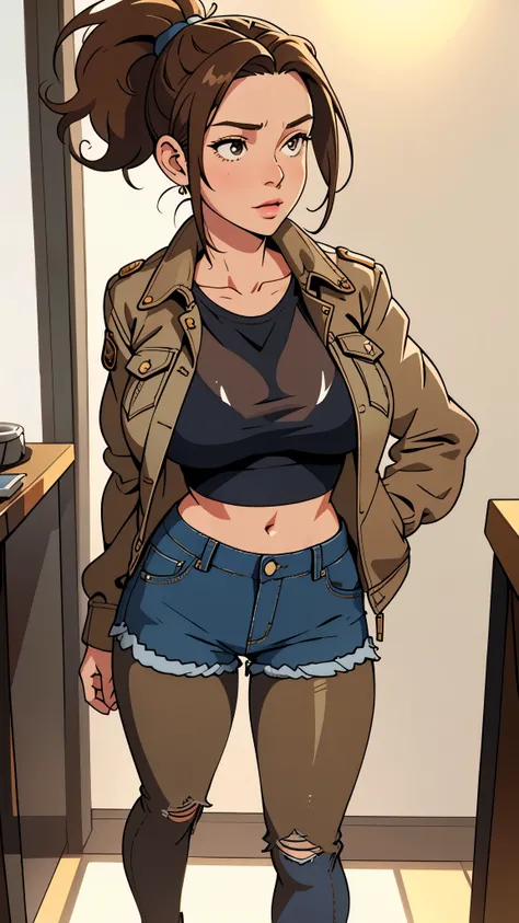 photo realistic, ,1 girl, ponytail, brown hair, popped collar denim jacket,  ,popped collar,  shorts pants, aroused, full body shot, see-through,tight, huge breasts, midriff peek, fellatio, cum