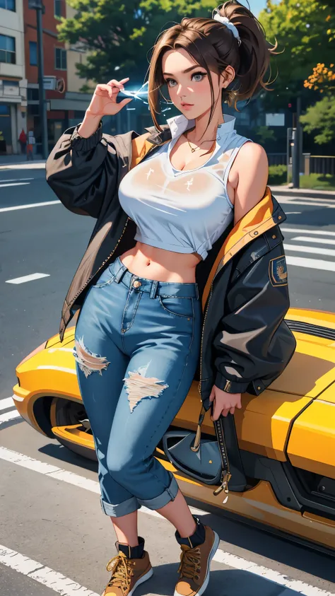 photo realistic, ,1 girl, ponytail, brown hair, popped collar denim jacket,  ,popped collar,  shorts pants, aroused, full body shot, see-through,tight, huge breasts, midriff peek, fellatio, cum