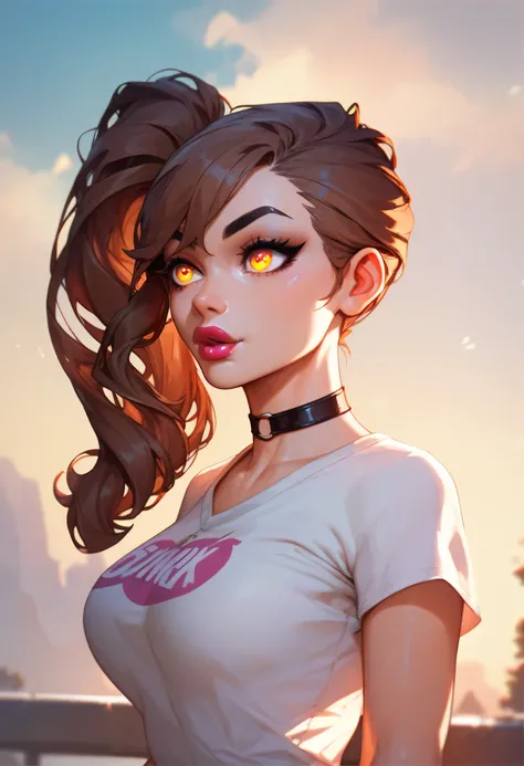 outdoors, 1girl, long hair, slick back side ponytail, brown hair, black eyebrows, thin eyebrows, pink eyeshadows, black eyeliners, big eyes, glowing golden eyes, thick lipstick, perfect face, beautiful girl, t-shirt, black t-shirt, medium breasts, black ch...