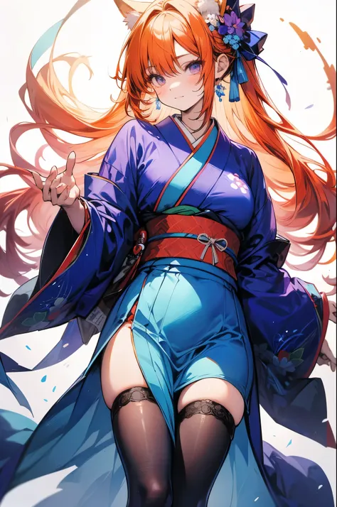 Orange-haired woman.  Kitsune. Japanese ceremonial clothing (blue kimono, with an intertwined bow at the back). Cyan-blue tights. Details with flowers on clothes. Violet-colored bow on the hair. Tall bust.  Thigh-length clothing , only. anime. adult woman