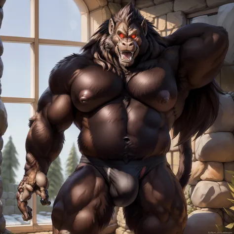 solo, breath (ultra detailed), a beautiful and detailed full size portrait of a male anthro gorilla, oozaru, brown fur, fur body, monkey tail, long hair, red eyes, close up view, glowing eyes, empty eyes, tail, bedroom eyes, detailed eyes, big body, sexy b...