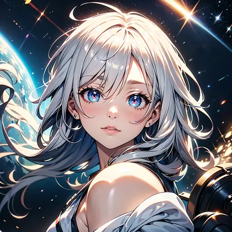score_9, score_8_up, score_7_up, score_6_up, score_5_up, rating_ are suspicious, source_anime, 1 girl, portrait, iridescent hair, fringe , bare shoulders, upper body, Milky white and space inner hair color、 pretty face、Baby Face、cute、absurd、wolf cut hai...