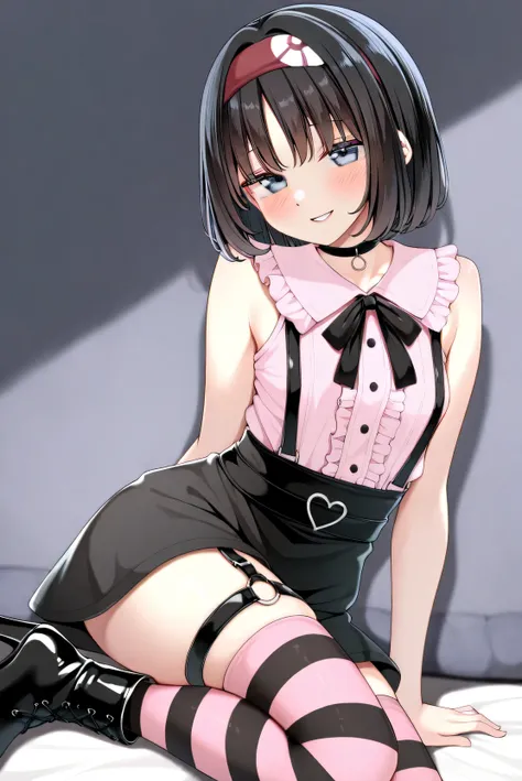 Erika_(pokemon), 1girl, solo, bob_cut, short_hair, black_hair, parted_bangs, hairband, red_hairband, grey_eyes, eyelashes, smile, seductive_smile, jirai_kei, shirt, pink_shirt, frilled_shirt, sleeveless_shirt, sleeveless, center_frills, bow, bowtie, black_...