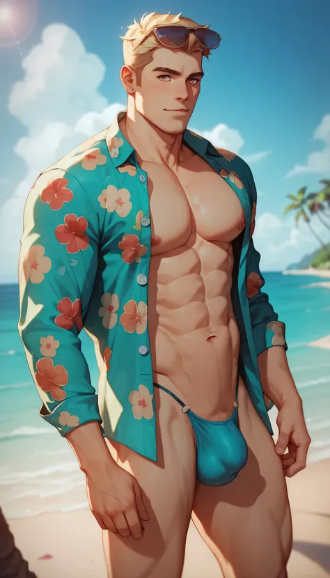 best quality, homoerotic, sexy, nsfw, an extremely handsome man, stylish hair, big erection bulge, unbuttoned colorful floral hawaiian shirt, extremely sexy tiny gstring thong, on nude beach, extremely dramatic shadows, perfect fingers, perfect hands, perf...