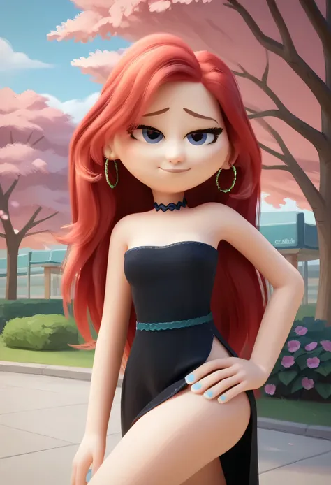 Score_9, score_8_up, score_7_up, score_6_up, score_5_up, score_4_up, chelseatk, 1girl, medium chest, little cleavage, blue eyes, red hair, long hair, hoop earrings, choker, red hair, Short strapless black dress, black bodycon dress, hands on hip, seductive...