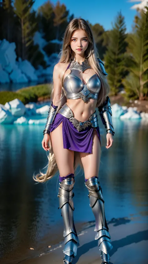 a close up of a person in a dress standing near a body of water,    ornate bikini armor   ,    in monster hunter armor   , De Bravely Default II,  intricate fantasy ,  of armor,  outrageous cuirass  , the armor reflected in the silver color of the ice, Sha...